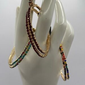 RJ Graziano Crystal Hoop Earrings Set of 3 Gold Tone Pierced 1 3/4” New